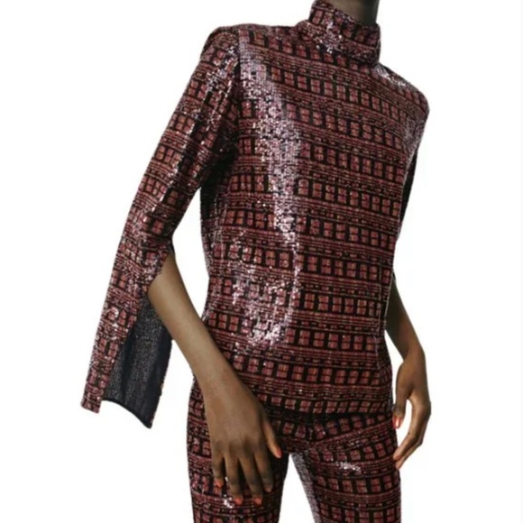 ZARA High Collar Long Sleeve Sequin Top in Medium - Picture 1 of 5